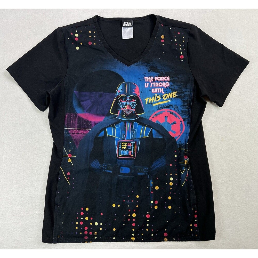 Star Wars Darth Vader Scrub Top Pockets Black Pink Lucasfilms Nurse Womens Small